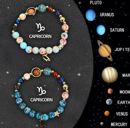 Natural stone zodiac bracelet set showing two adjustable bracelets with bead designs for astrological signs