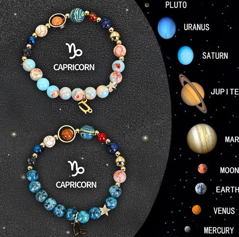 Natural Stone Zodiac Sign Bracelet Set featuring twelve individual beaded designs, each representing a different astrological sign with adjustable fit and stone bead construction for personal daily wear or gift-giving purposes