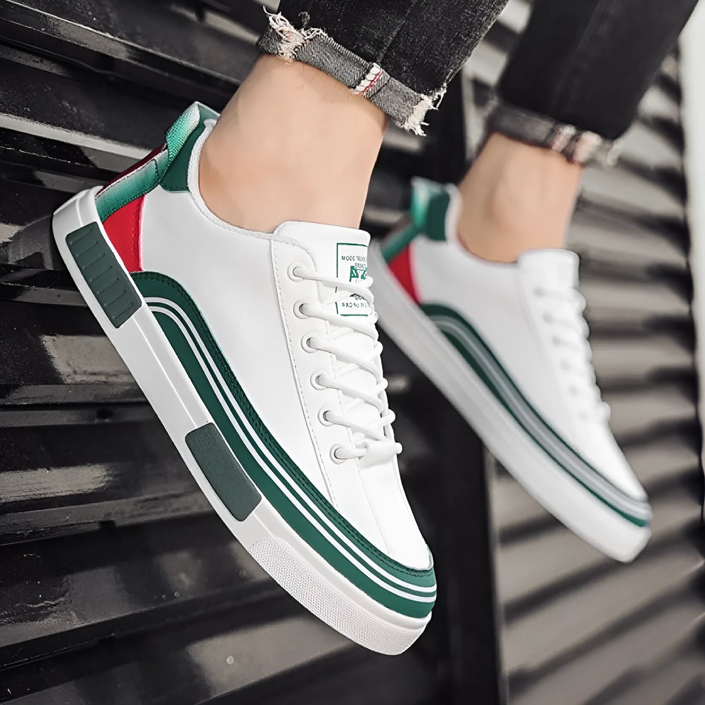 Men's casual canvas shoes with mesh panels in beige, white and green Milan colour