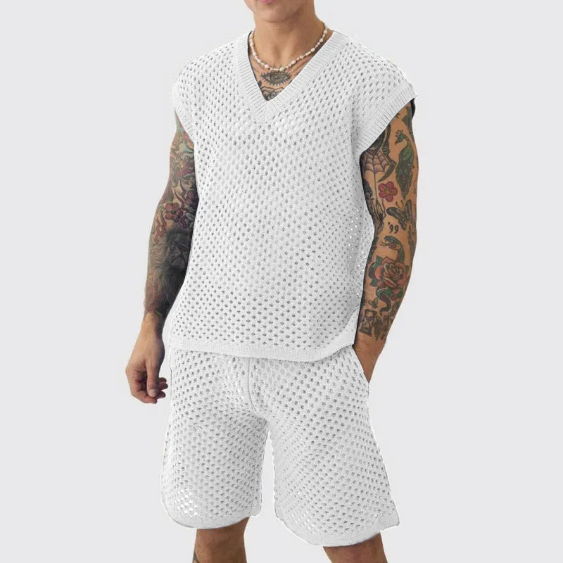 Men's blue V-neck sleeveless knitted vest and matching shorts sports suit on a hanger.
