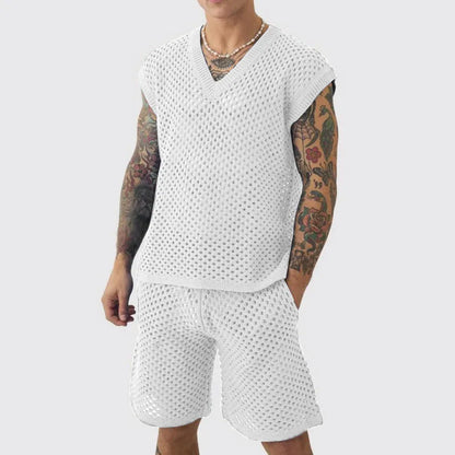 Men's blue V-neck sleeveless knitted vest and matching shorts sports suit on a hanger.