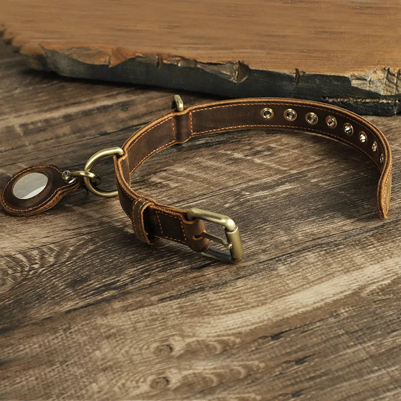 Brown retro-style cowhide dog collar with halter positioning system and lanyard detail