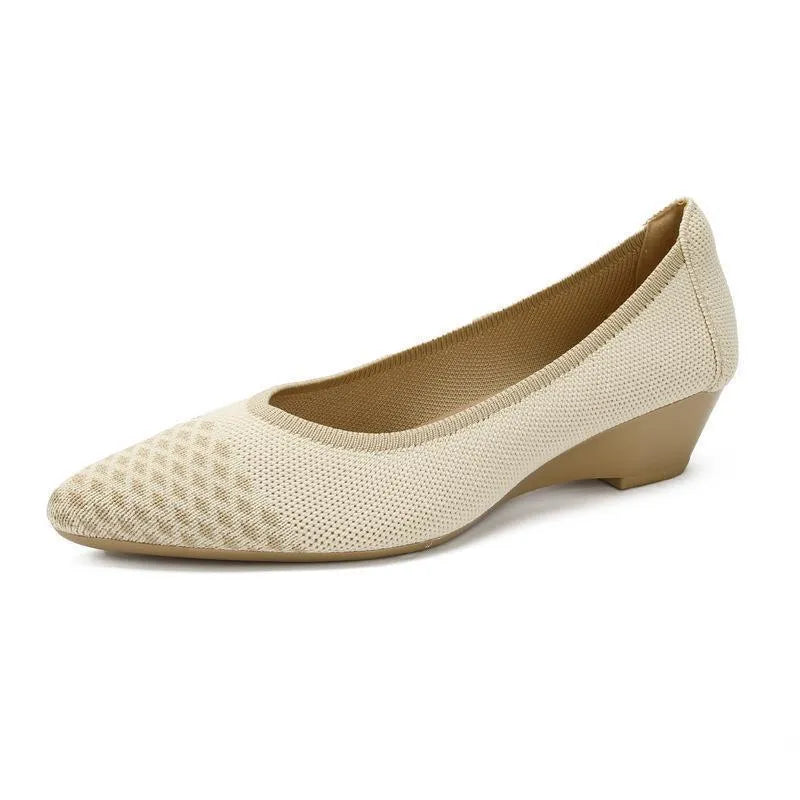 Women's wedge pumps with breathable mesh upper, pointed toe, and low rubber sole in leopard print pattern