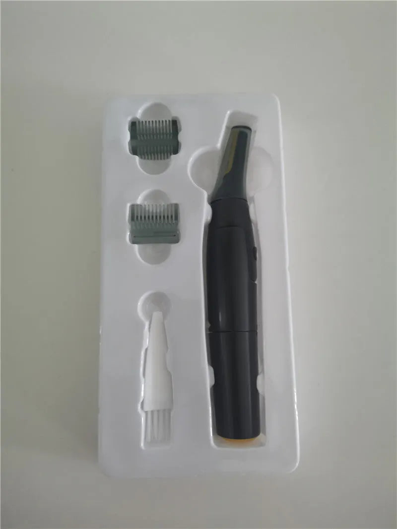 Grey ABS electric hair catcher with floating cutter head for men's eyebrow trimming, dry battery power, color box.
