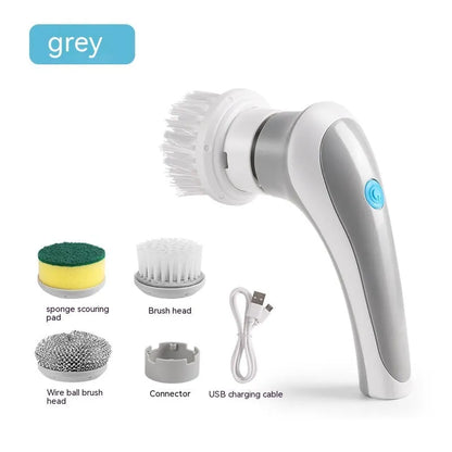 White cordless electric spin scrubber with multiple brush heads on a bathroom tile.