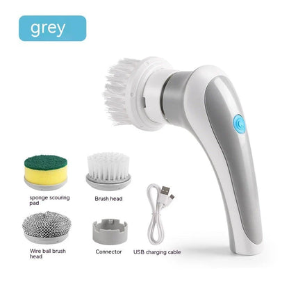 Cordless rechargeable electric cleaning brush with interchangeable brush heads for powerful scrubbing and versatile cleaning