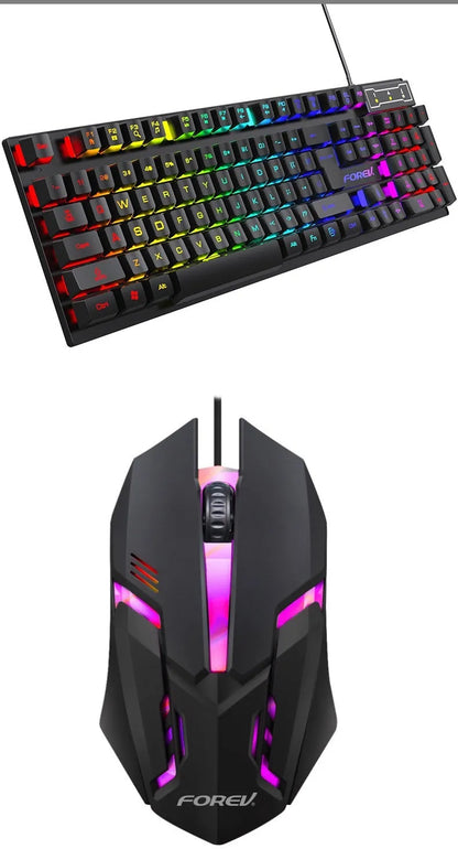 Black portable gaming keyboard with 104 keys and backlight illumination next to matching mouse