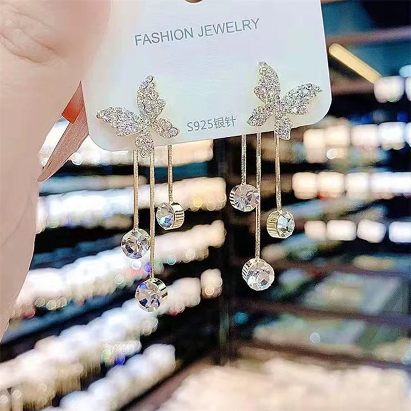 Butterfly Rhinestone Drop Dangle Earrings with Pearl Tassel Chain - Elegant Party Jewellery