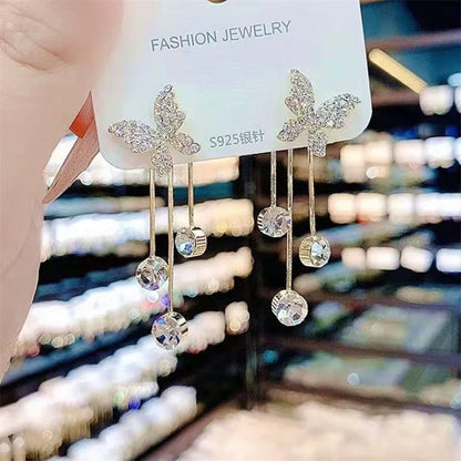 Butterfly Rhinestone Drop Dangle Earrings with Pearl Tassel Chain - Elegant Party Jewellery