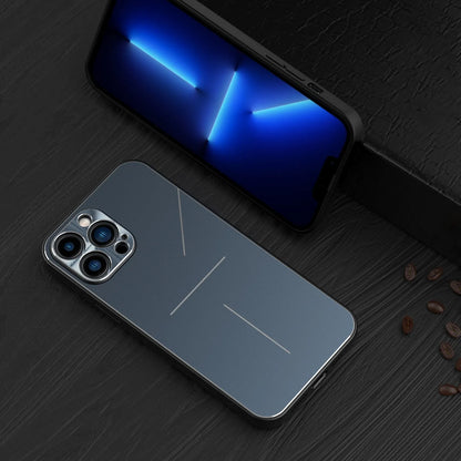 Metal frosted iPhone case with aluminium alloy and TPU back cover, shown in Black, Blue, Rose Gold and Silver.