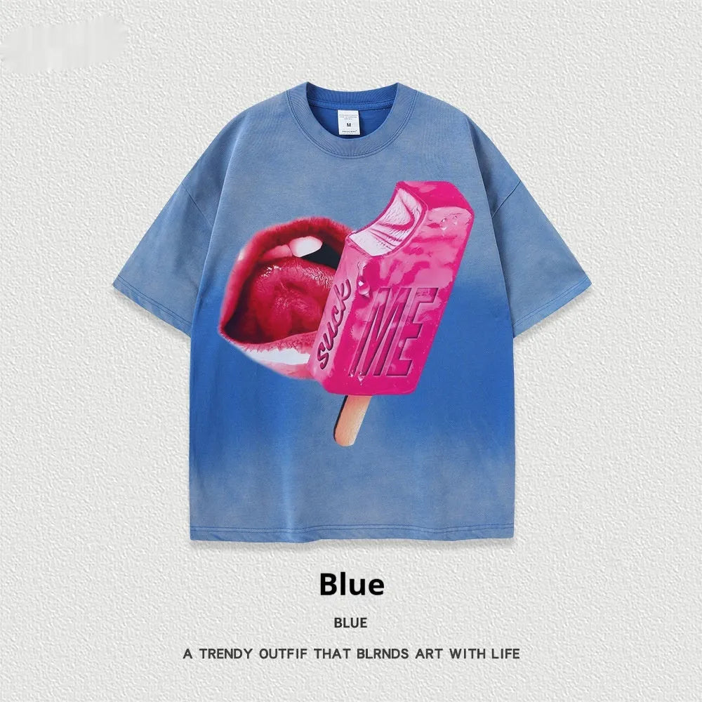 A loose-fit heavy washed cotton T-shirt with a cartoon print, shown in a selection of available colours.