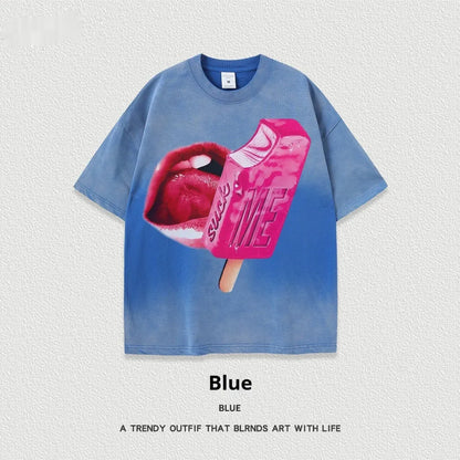 A loose-fit heavy washed cotton T-shirt with a cartoon print, shown in a selection of available colours.