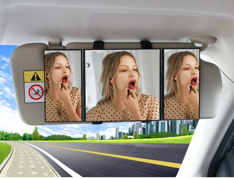 Silver car folding makeup mirror shown in opened position measuring 30.5cm wide