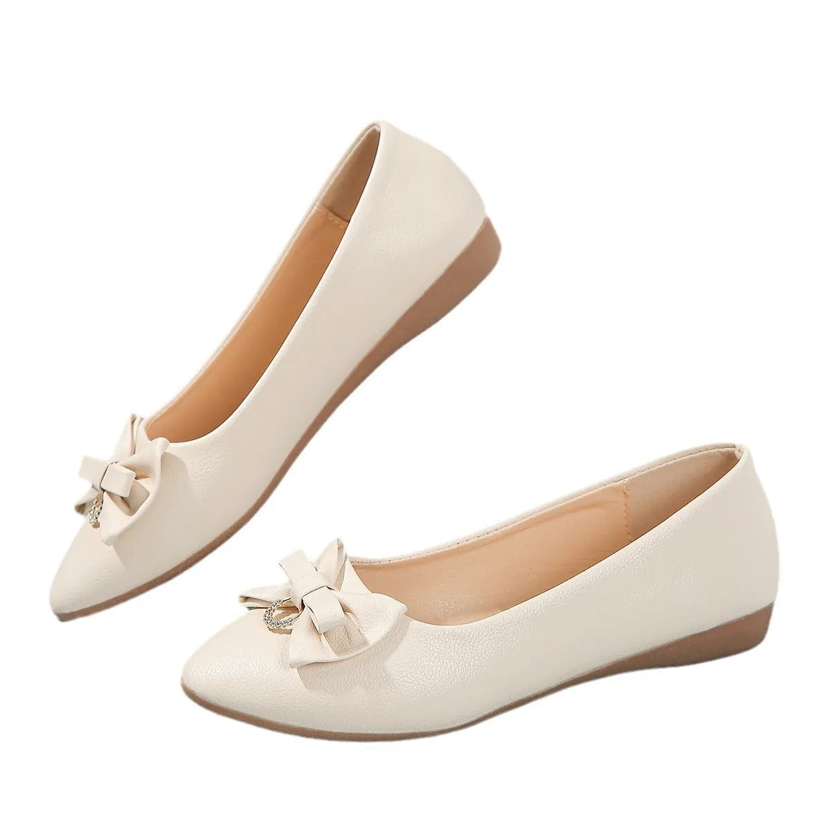 Plus size women's flat casual shoes with bowknot detail and shallow mouth design in beige