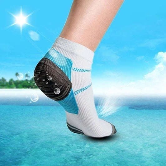 Compression socks designed to relieve plantar fasciitis and heel spur pain, featuring breathable and moisture-wicking materials for all-day comfort.