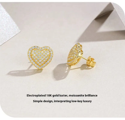 Golden heart-shaped S925 silver moissanite unisex stud earrings, one pair