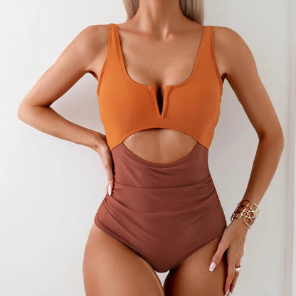Women's contrast colour one-piece swimsuit in nylon fabric available in green, black, dark pink, and brown
