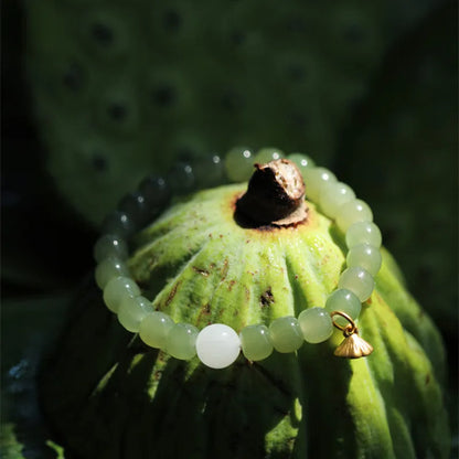 Green Hetian jade bracelet with vintage beads in ethnic style for women
