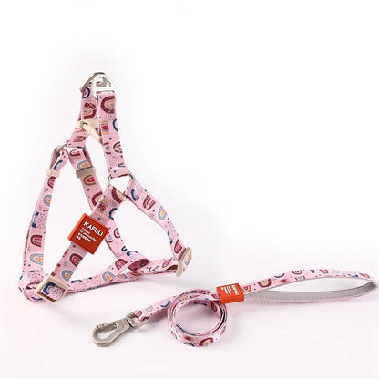 Blue polyester dog haulage vest with integrated leash set on a model, showing the chest strap and traction rope.