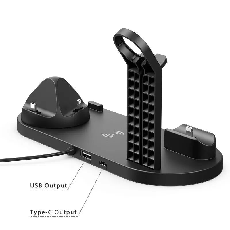 Black universal mobile phone and smartwatch charging stand with wireless pad on desk