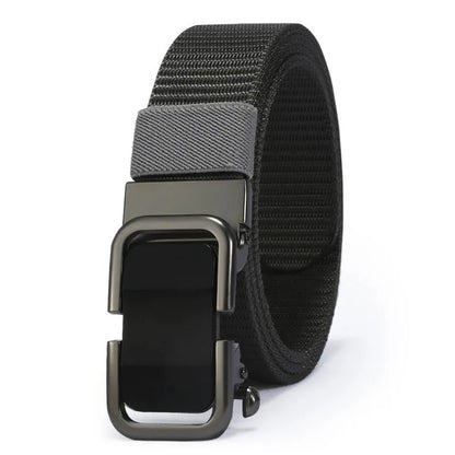 Men's toothless nylon canvas belt with an alloy buckle shown in Army Green colour, length 120cm.