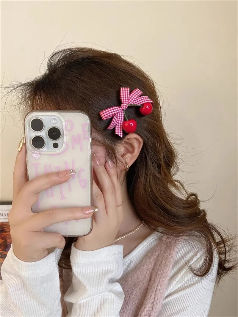 Red love heart-shaped hair barrette clip with retro white dots on a willow leaf-shaped base.