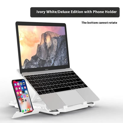 Black and white ABS plastic laptop bracket stand on a desk, showing its 300mm width and low 22mm profile.