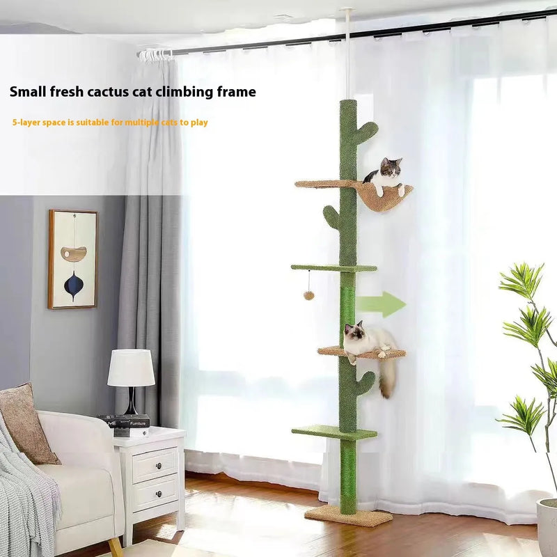 Solid wood cat climbing frame and scratching board with integrated cat nest, measuring 240-260cm tall for multi-cat households seeking self-hi-relief and elevated resting spots, constructed from density board in a simple natural wood finish style