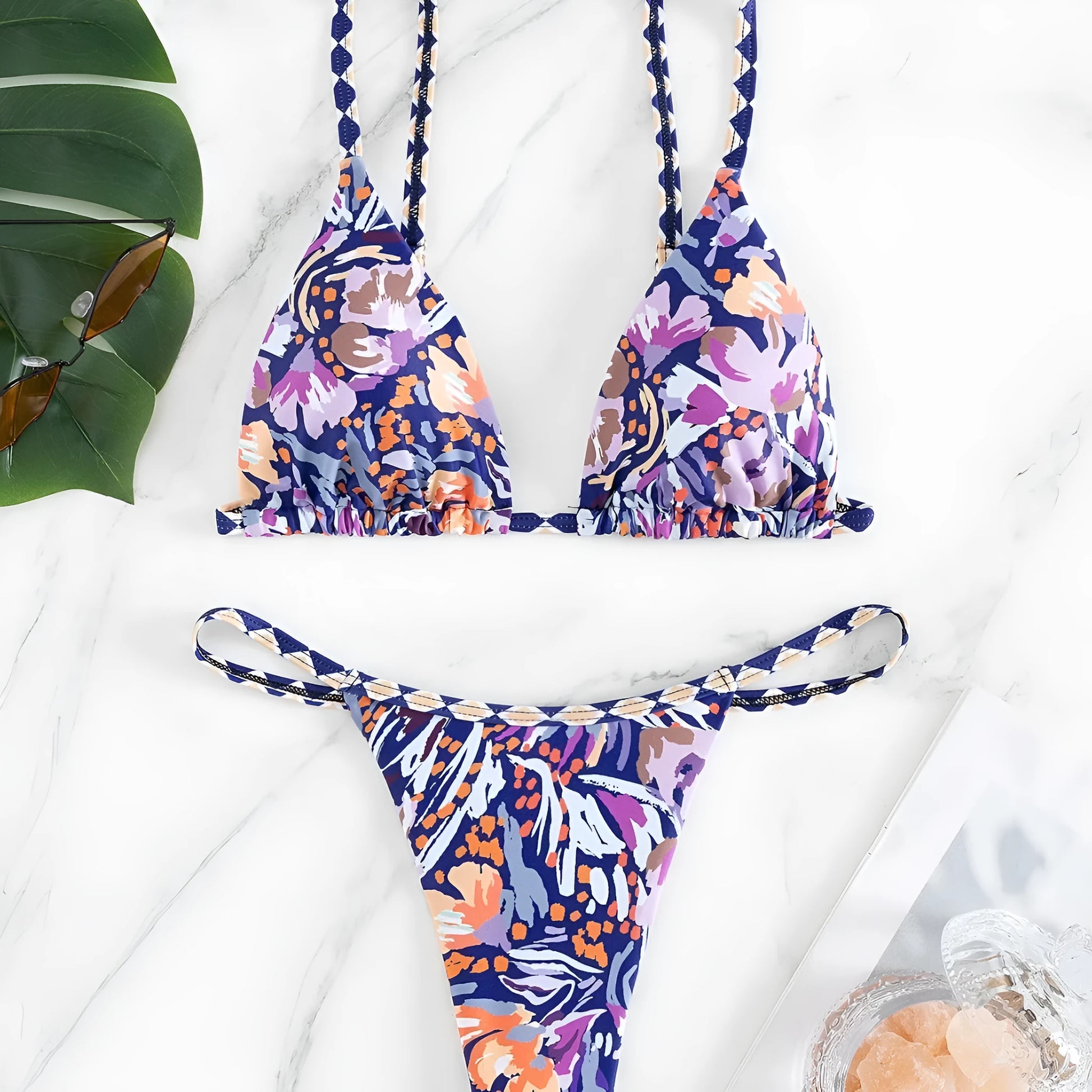 Women's floral print triangle bag swimsuit with split design in polyester fabric