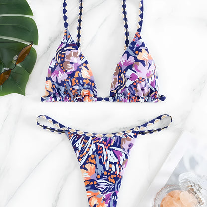 Women's floral print triangle bag swimsuit with split design in polyester fabric