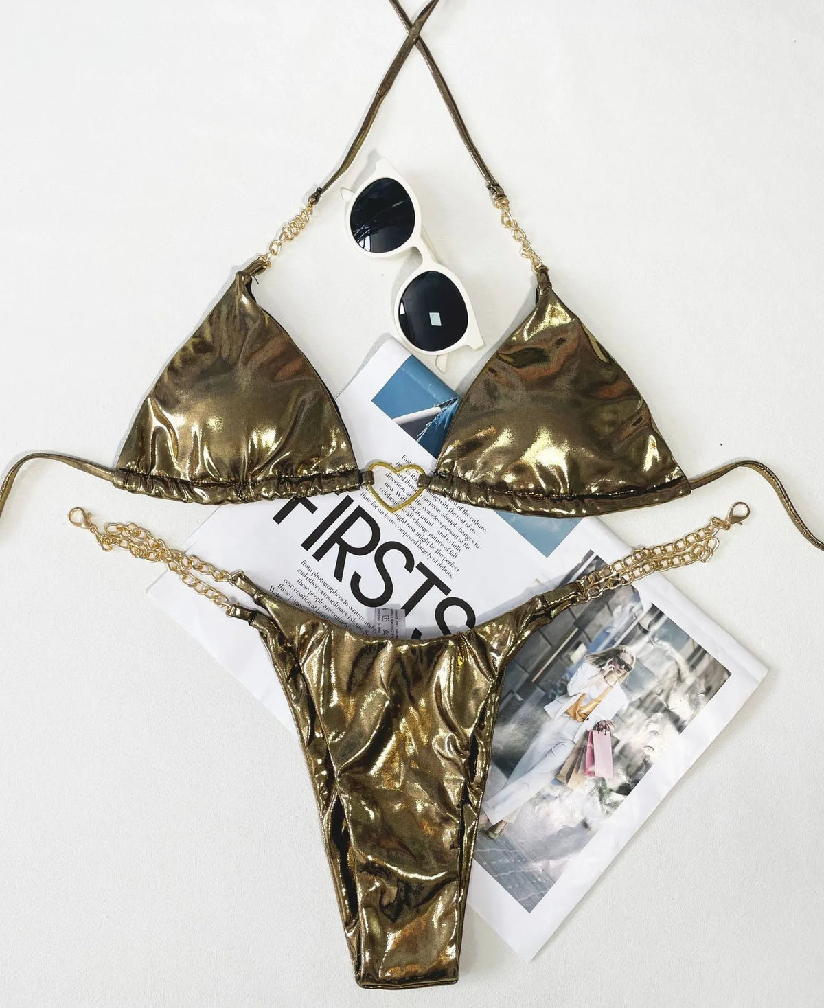 Women's strap wrap swimsuit in gold, light gold or light blue, polyester fabric with spandex lining, sizes S M L