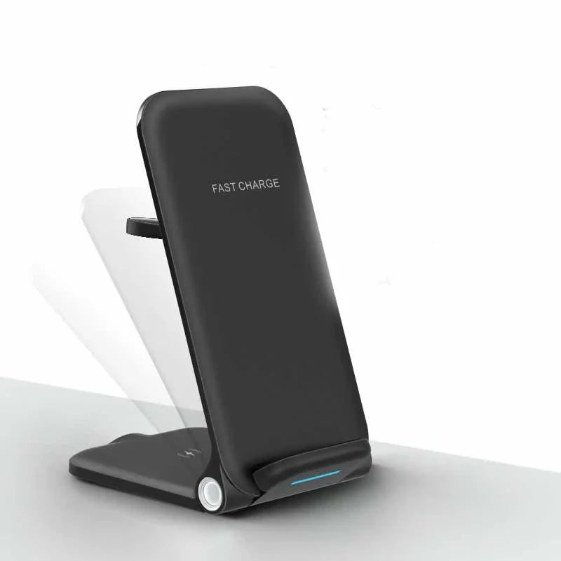 Adjustable three-in-one wireless charging station for smartphones, tablets, and smartwatches with space-saving and safety features