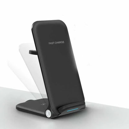 Adjustable three-in-one wireless charging station for smartphones, tablets, and smartwatches with space-saving and safety features