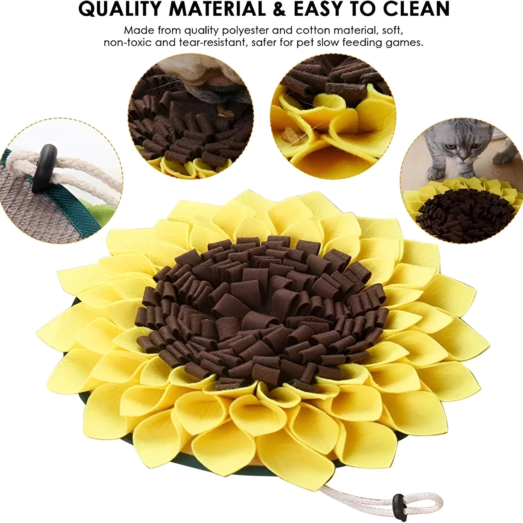 Yellow sunflower snuffle mat for dogs with rope and buckle attachment