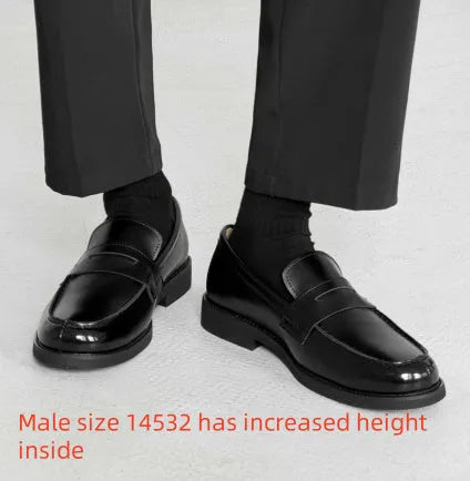 Classic black slip-on Derby leather shoes for men and women on a plain background