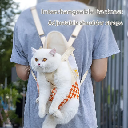 Soft-shell portable cat carrier backpack in purple, orange, and blue colour options
