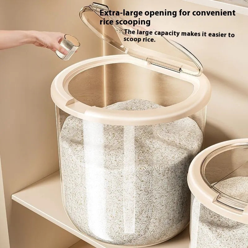 Clear plastic grain storage tank with sealed lid and included rice measuring cup