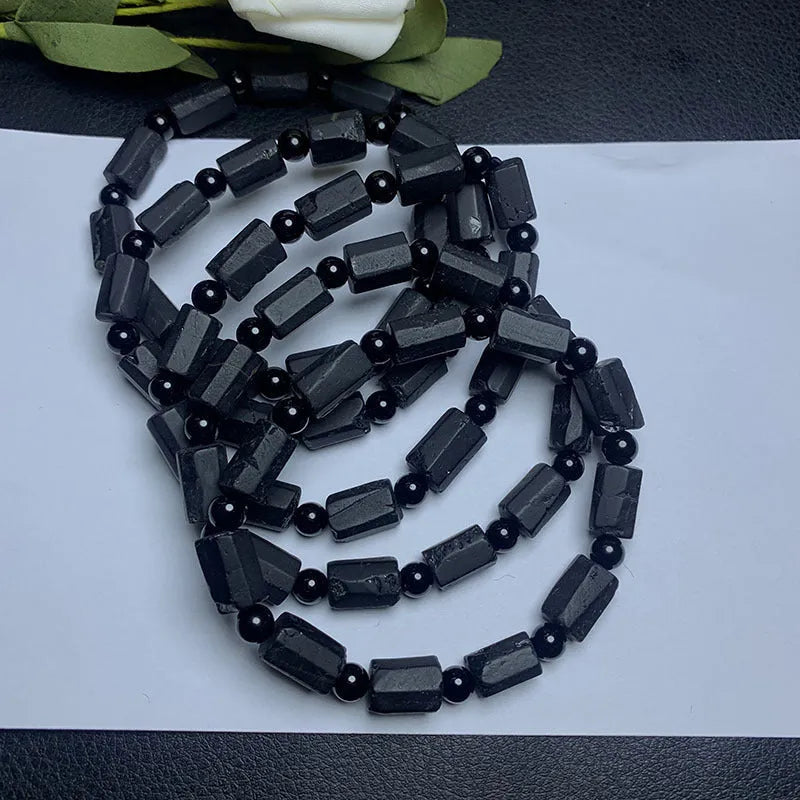 Natural black tourmaline rough stone bracelet with 10mm size and approximately 8.5-9mm beads
