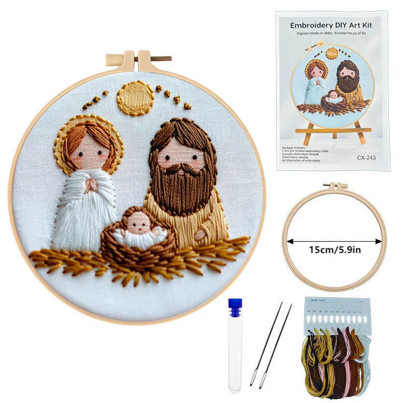 24cm square vintage embroidery kit with cotton linen cloth, landscape pattern, and three embroidery tools