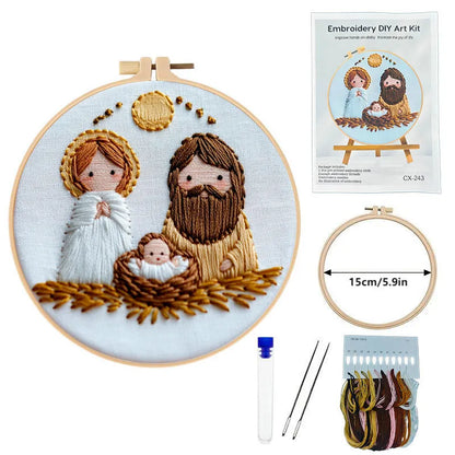 24cm square vintage embroidery kit with cotton linen cloth, landscape pattern, and three embroidery tools