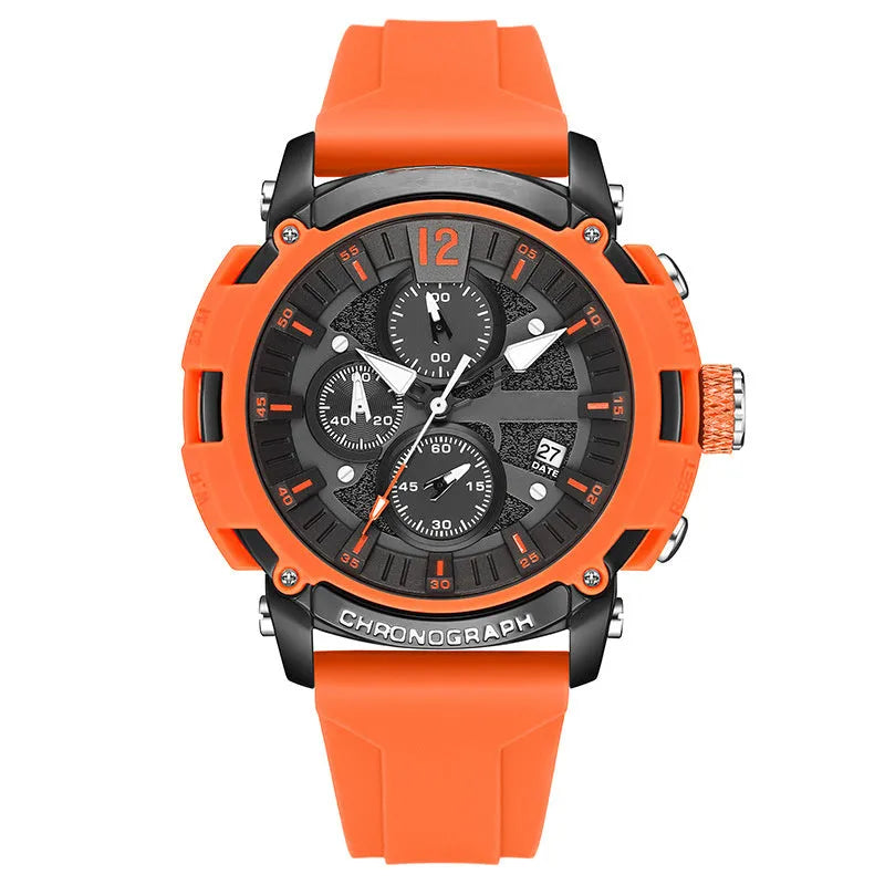 Men's black quartz watch with luminous hands on a 51mm case, showing calendar window and 24mm band.