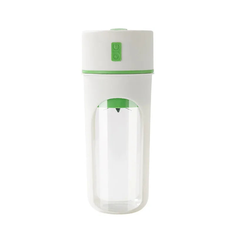 Blue portable USB rechargeable electric juicer blender with a large feed cap on a kitchen counter.