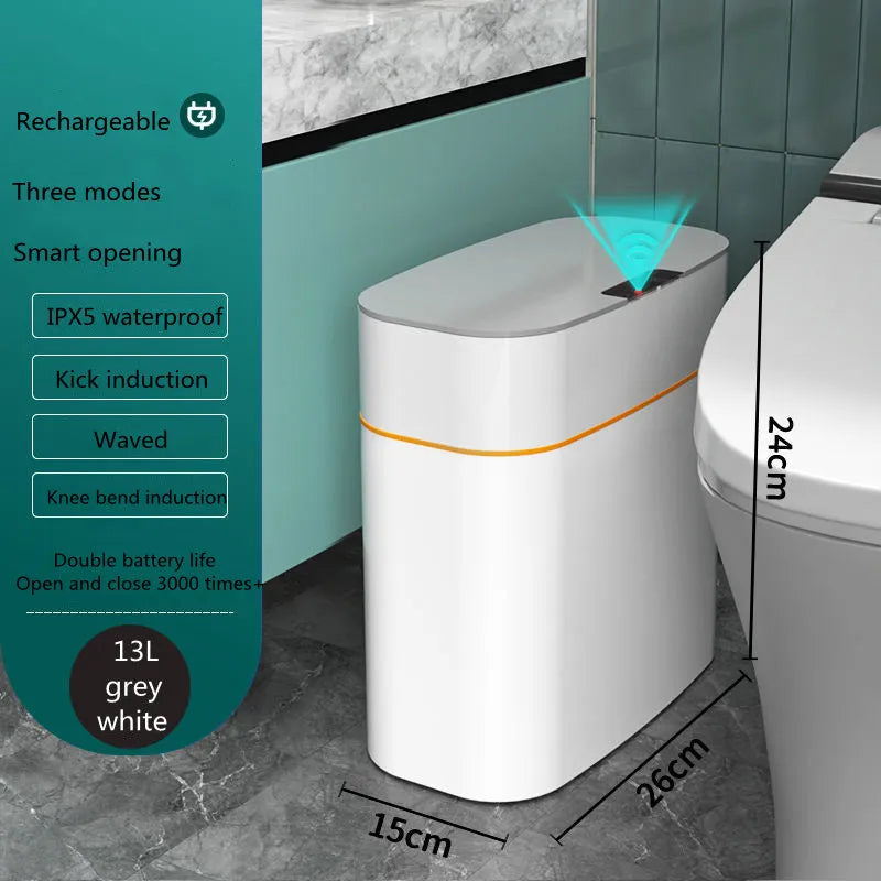 White smart induction trash can with automatic opening lid for kitchen or bathroom use