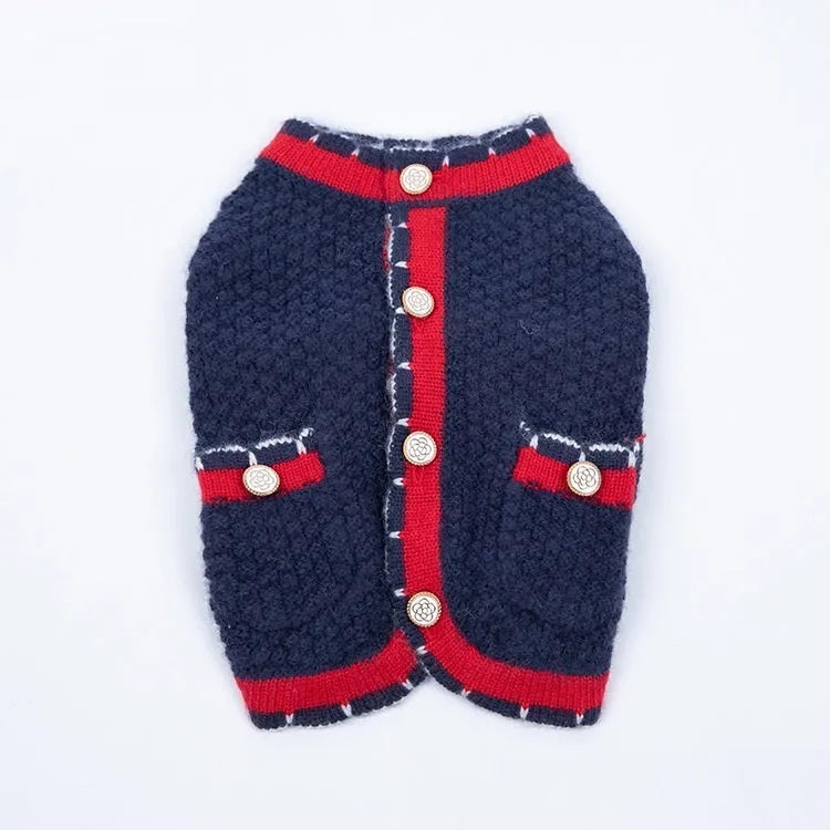 Blue wool knitted dog cardigan sweater with classic princess style design shown on mannequin