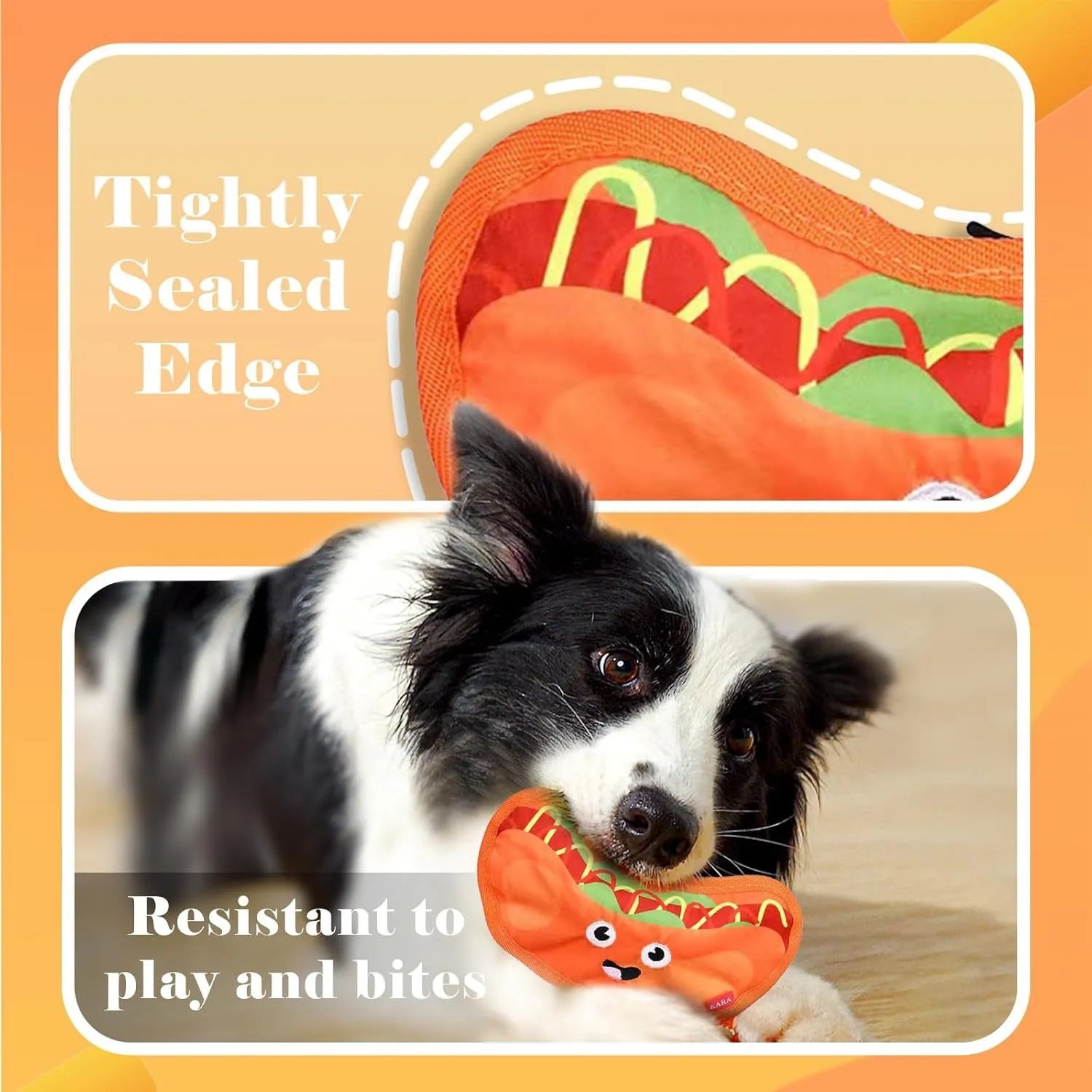 Hamburger-shaped crinkle and squeaky dog toy with vivid colours for puppies and dogs
