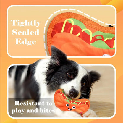 Hamburger-shaped crinkle and squeaky dog toy with vivid colours for puppies and dogs