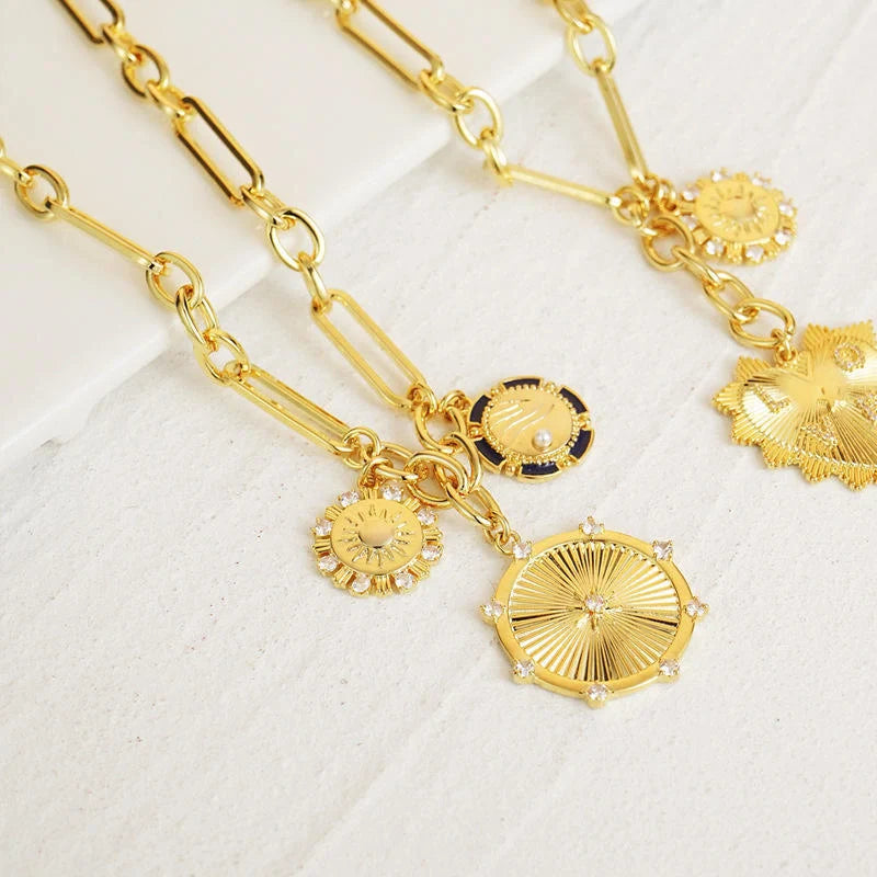 Gold sun pendant necklace with adjustable stainless steel chain