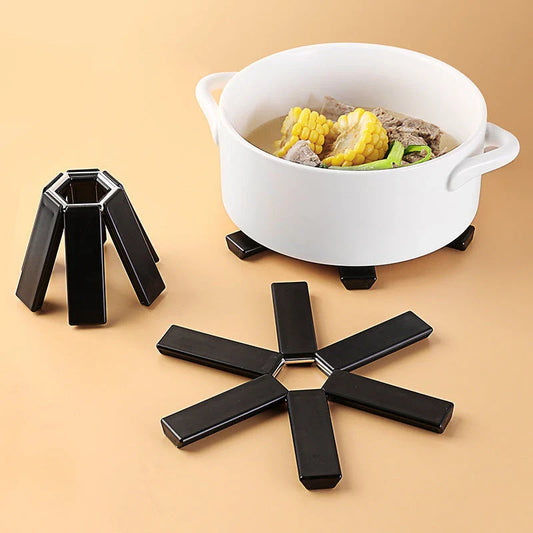 Foldable, heat-resistant pan mat made of sturdy ABS material with anti-slip and heat-insulating features to protect surfaces and hands