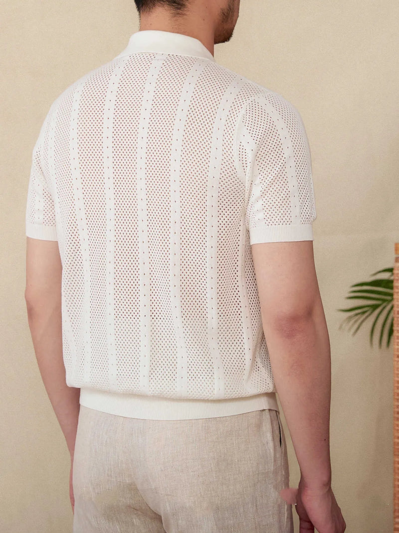 Men's short sleeve lapel cardigan knitted casual shirt made from 100% cotton in thin breathable fabric available in creamy-white, black and brown colour options with size range from M to 3XL featuring stripe pattern design