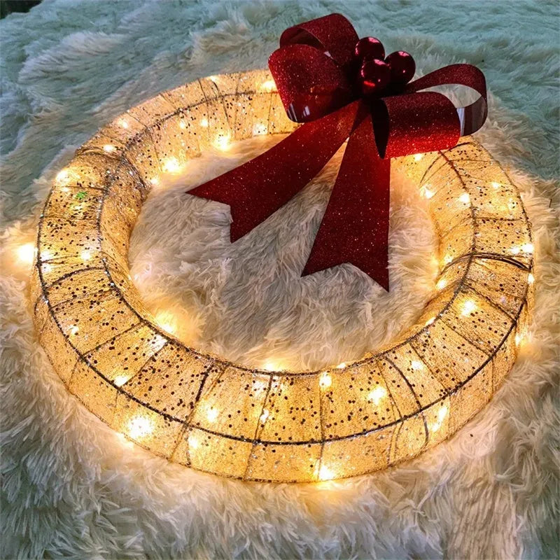50cm gold and green LED Christmas wreath with fabric bowknot decoration
